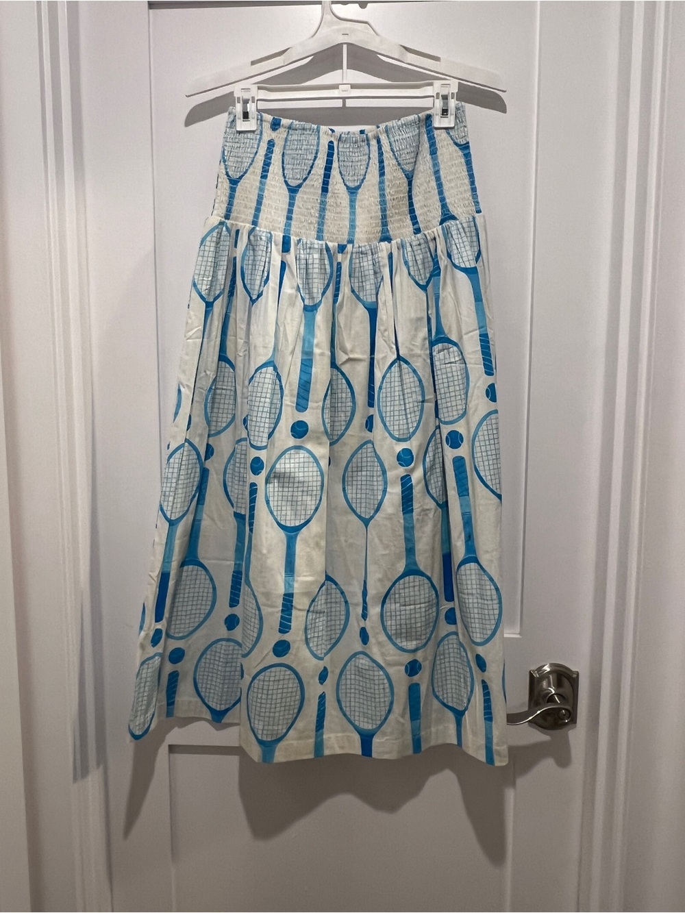 Holly Shae Betsy Skirt / dress blue Tennis Racket Print  Smocked waist